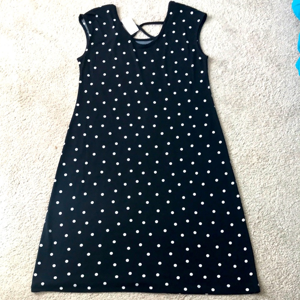 Christopher & Banks sleeveless black polka dot midi length dress